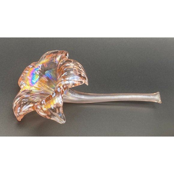 Tiger Lily Flower Vase Art Glass Laying Down 8” Hand Blown Iridescent Set Of 3 - Picture 3 of 8